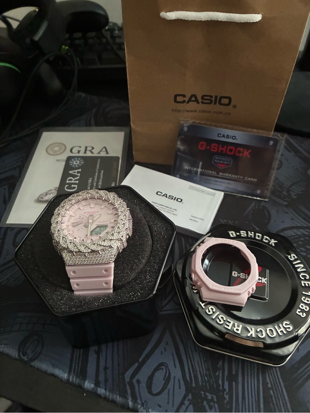 Casio G-Shock Custom Silver Moissanite Bezel / Pink Watch GA-2100